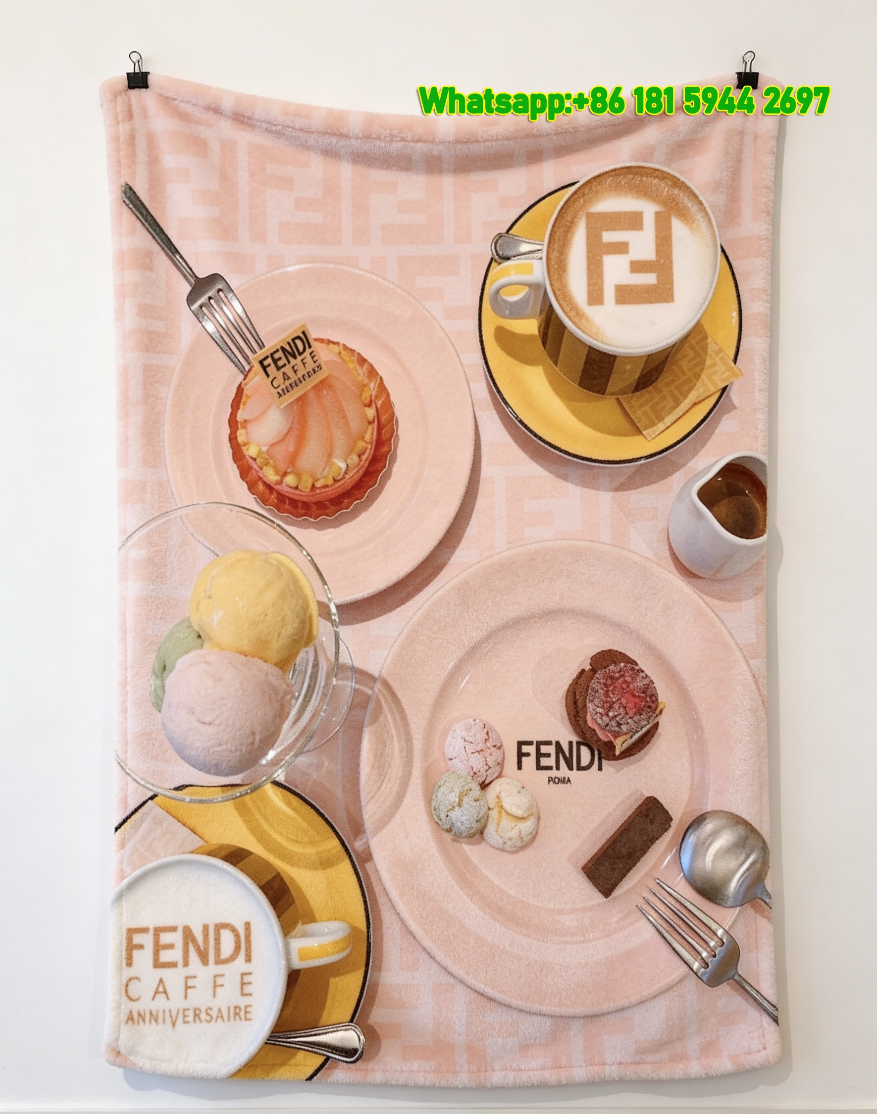Fendi Caffé Anniversary FF Logo Flannel Throw Blanket IMG_9626